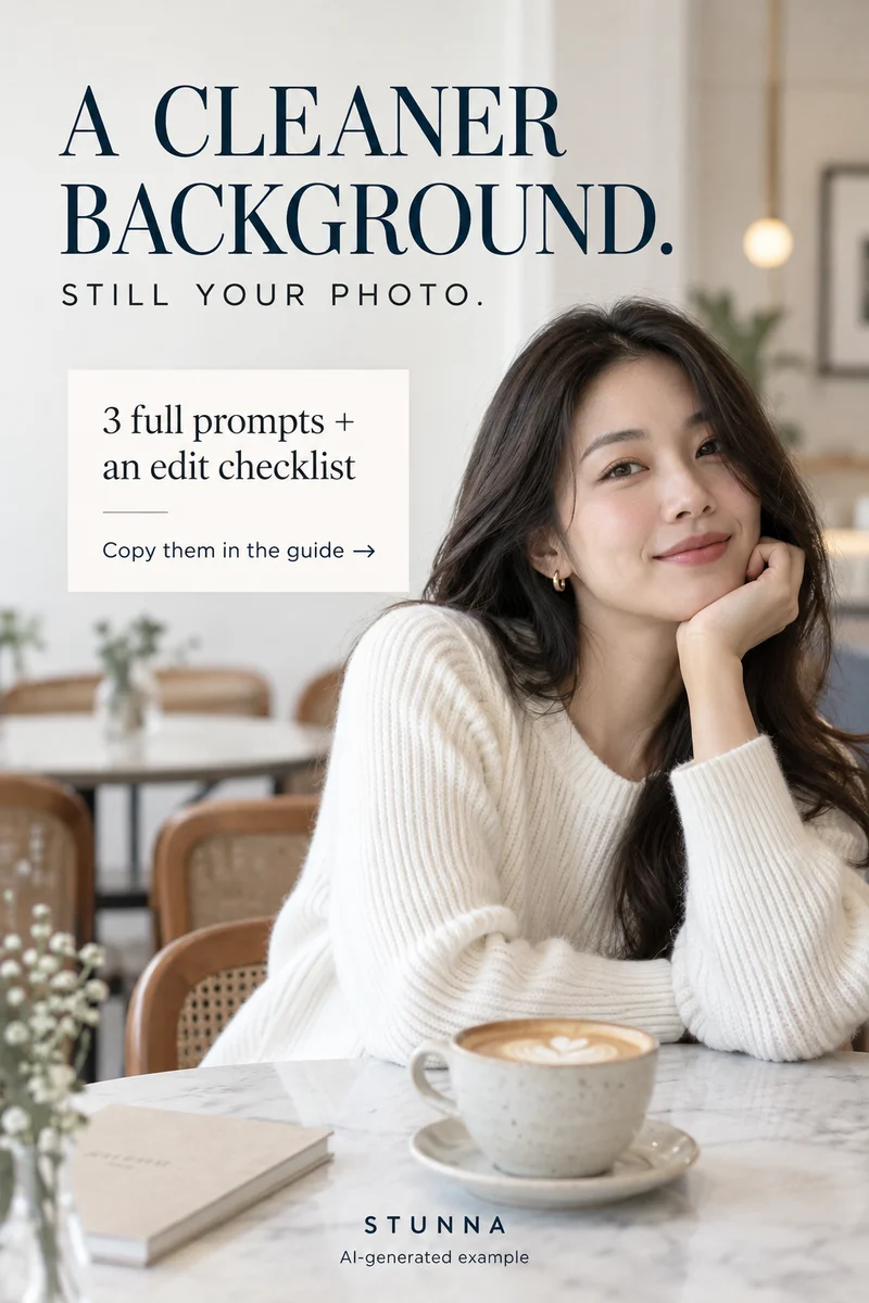 AI-generated portrait and background-edit teaser offering three full ChatGPT prompts in the linked guide.