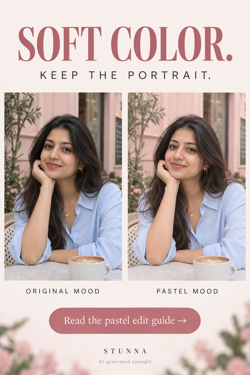 AI-generated paired portraits comparing a source-style color treatment with a restrained pastel finish.
