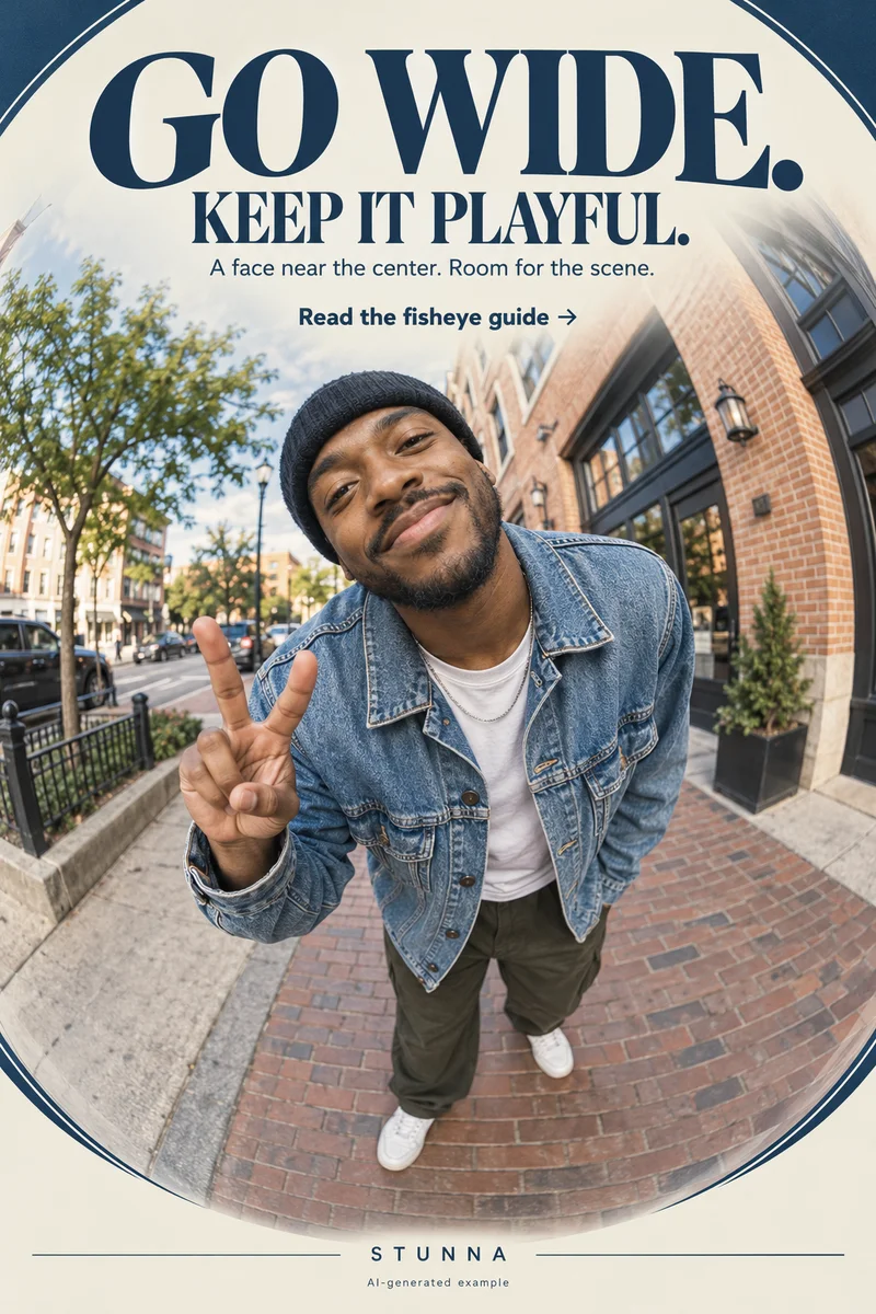 AI-generated wide-angle street portrait illustrating fisheye-style edge distortion and a centered face.